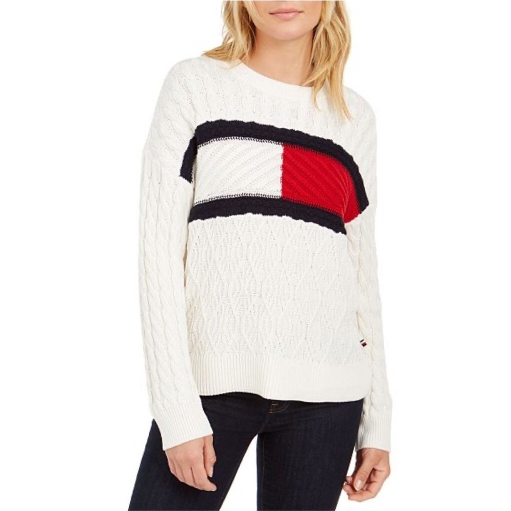 Tommy Hilfiger Cream Cable-Knit Red Navy Blue Colorblock Flag Logo Sweater Small